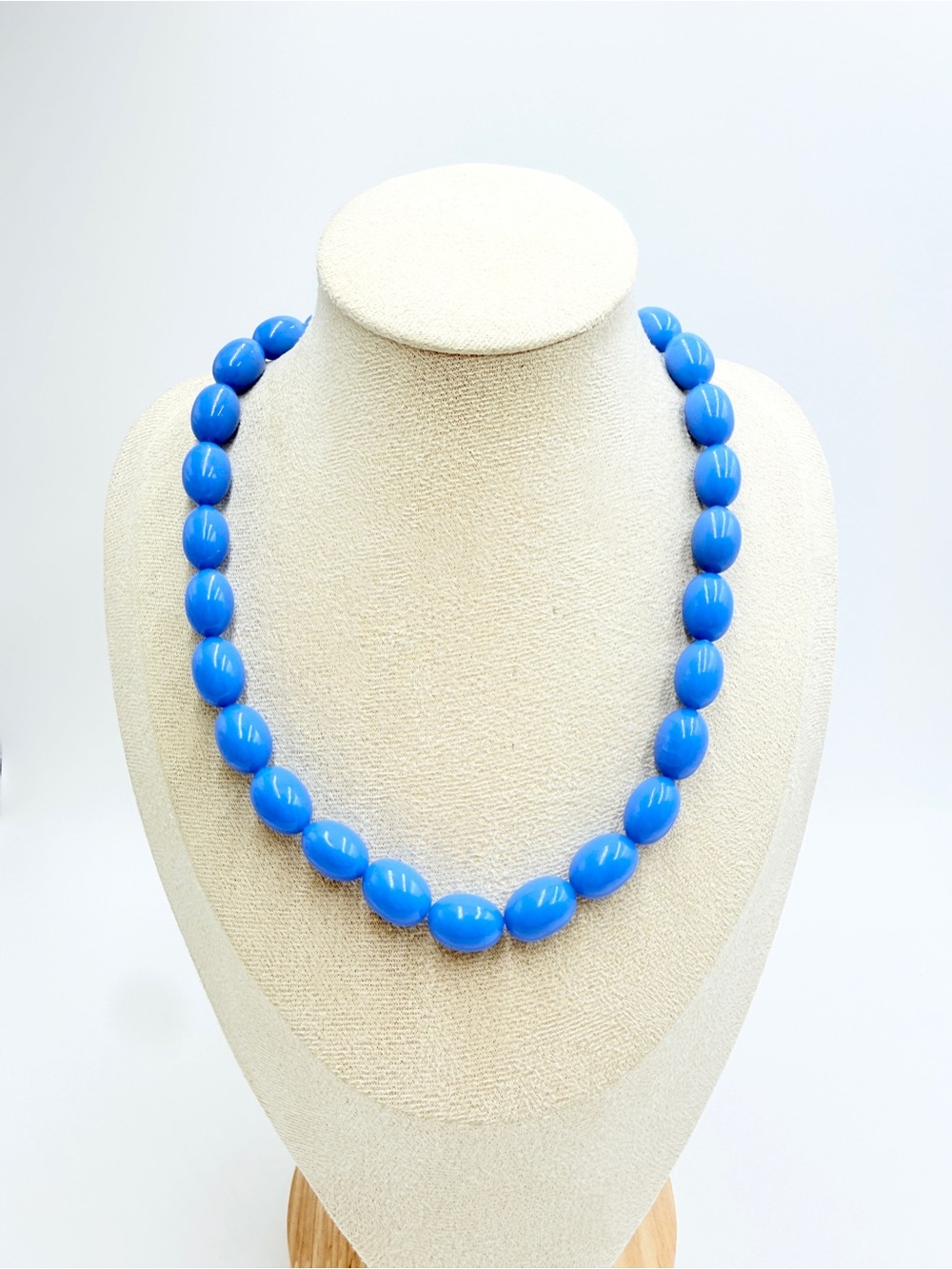 Vintage Blue Oval Beaded Necklace with Gold-Tone Spring Ring Clasp